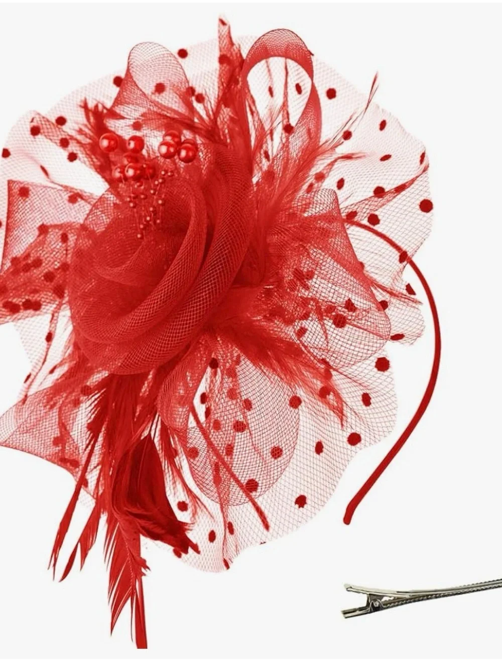Amazon Red Feather Fascinator Headpiece with Veil Accents